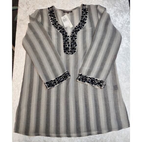 NWT Adrienne Vittadini Black & White /Embellished Shirt-Size Large - Picture 1 of 7